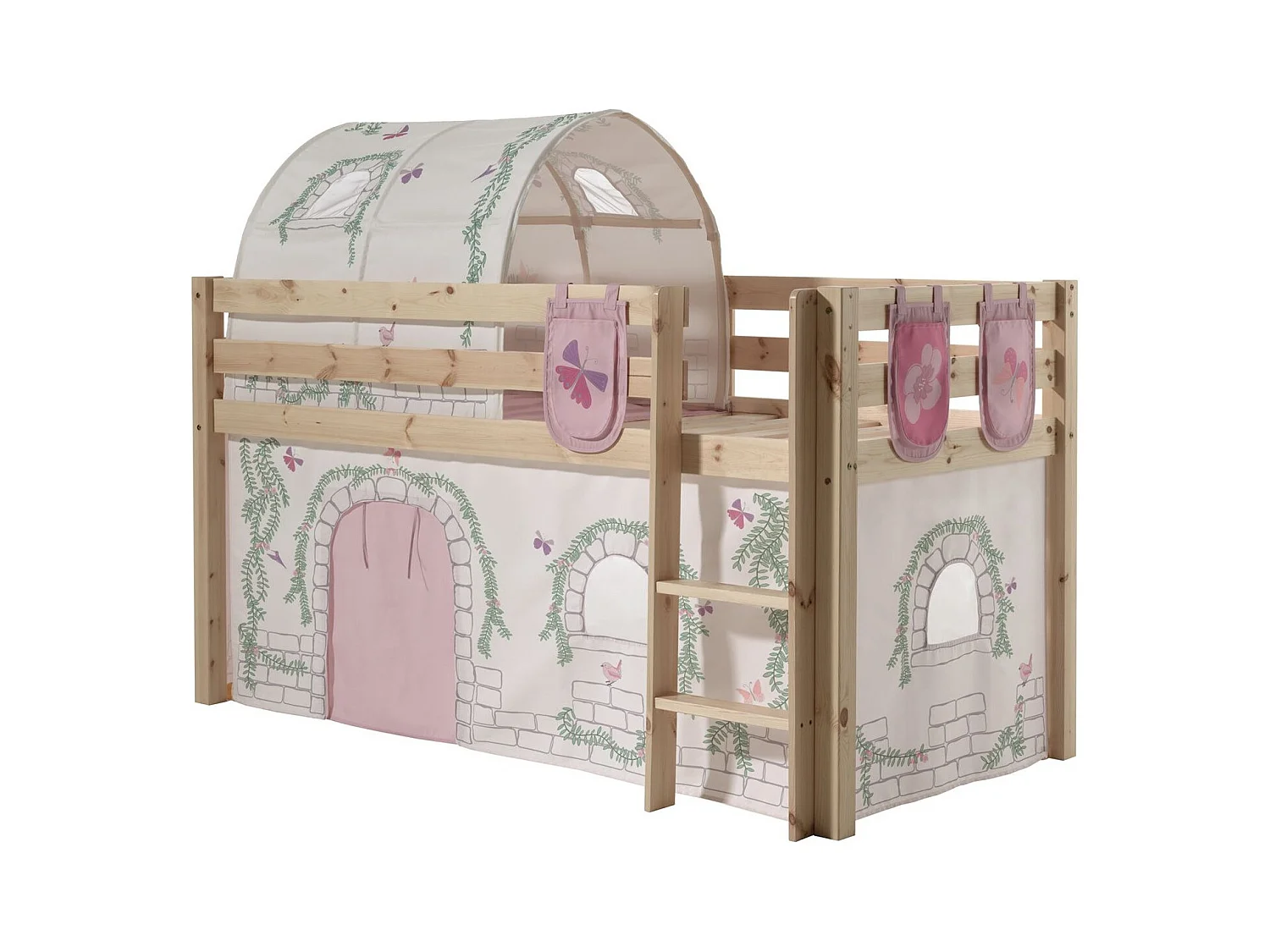 Cama altillo de 90x200 cm con tienda túnel y 3 compartimentos contra pino macizo claro Pino