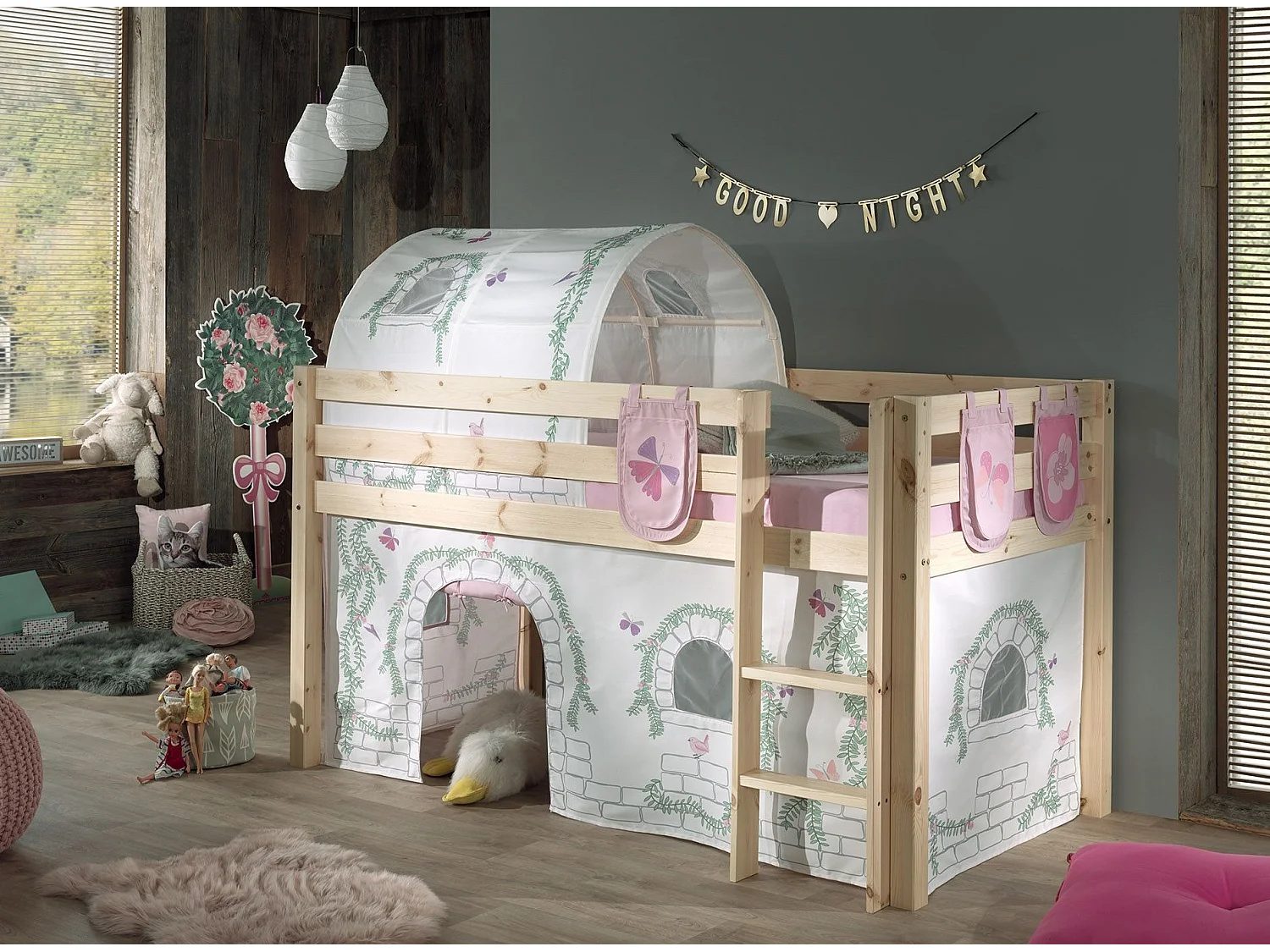 Pack - Lit Enfant, Tente, Tunnel & 3 Pochettes "Pino Birdy" Naturel