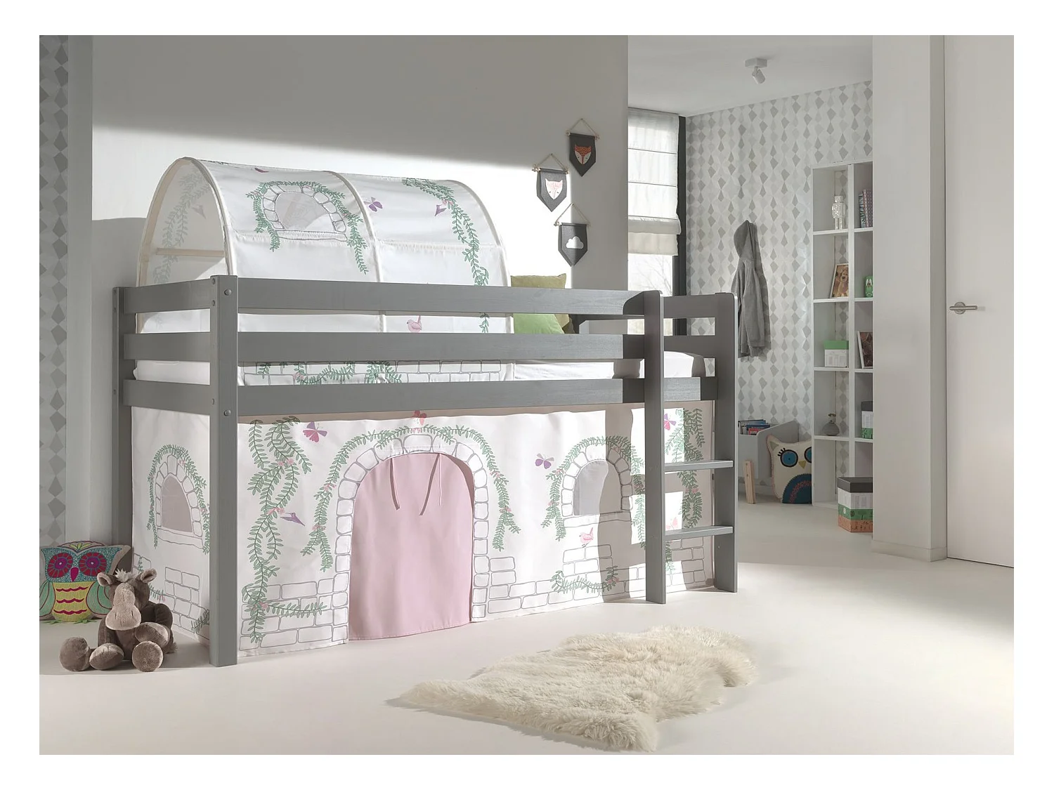 Cama altillo 90x200 cm con tienda y túnel contra pino macizo gris Pino