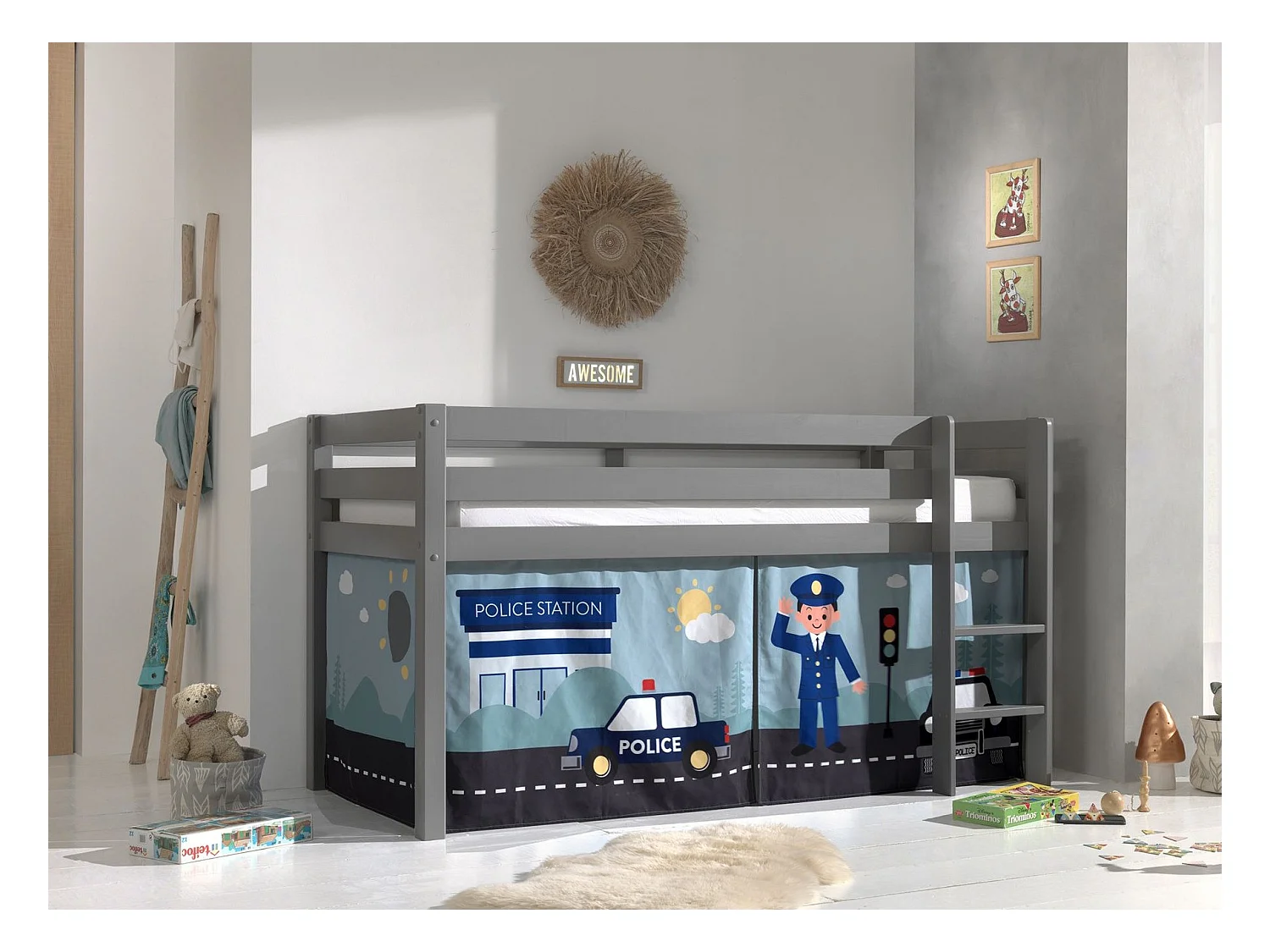 Cama alta 90x200 cm con tienda de policía de pino macizo gris Pino