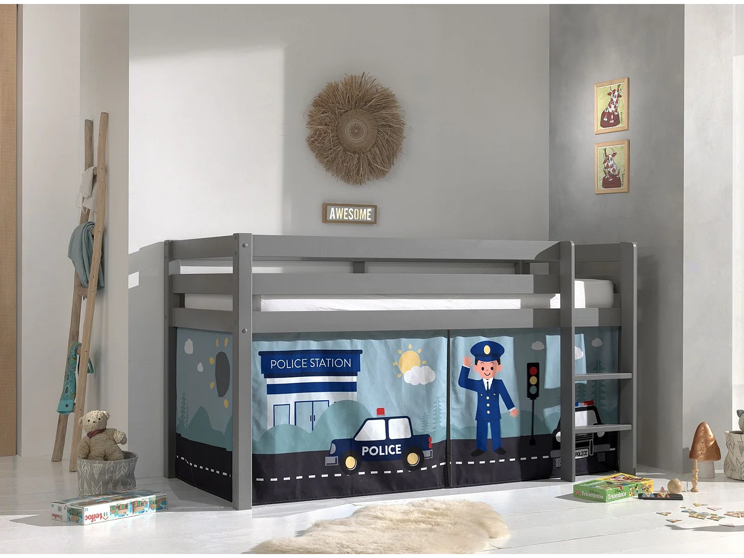 Lit Enfant Surélevé "Pino Police" 90x200cm Gris