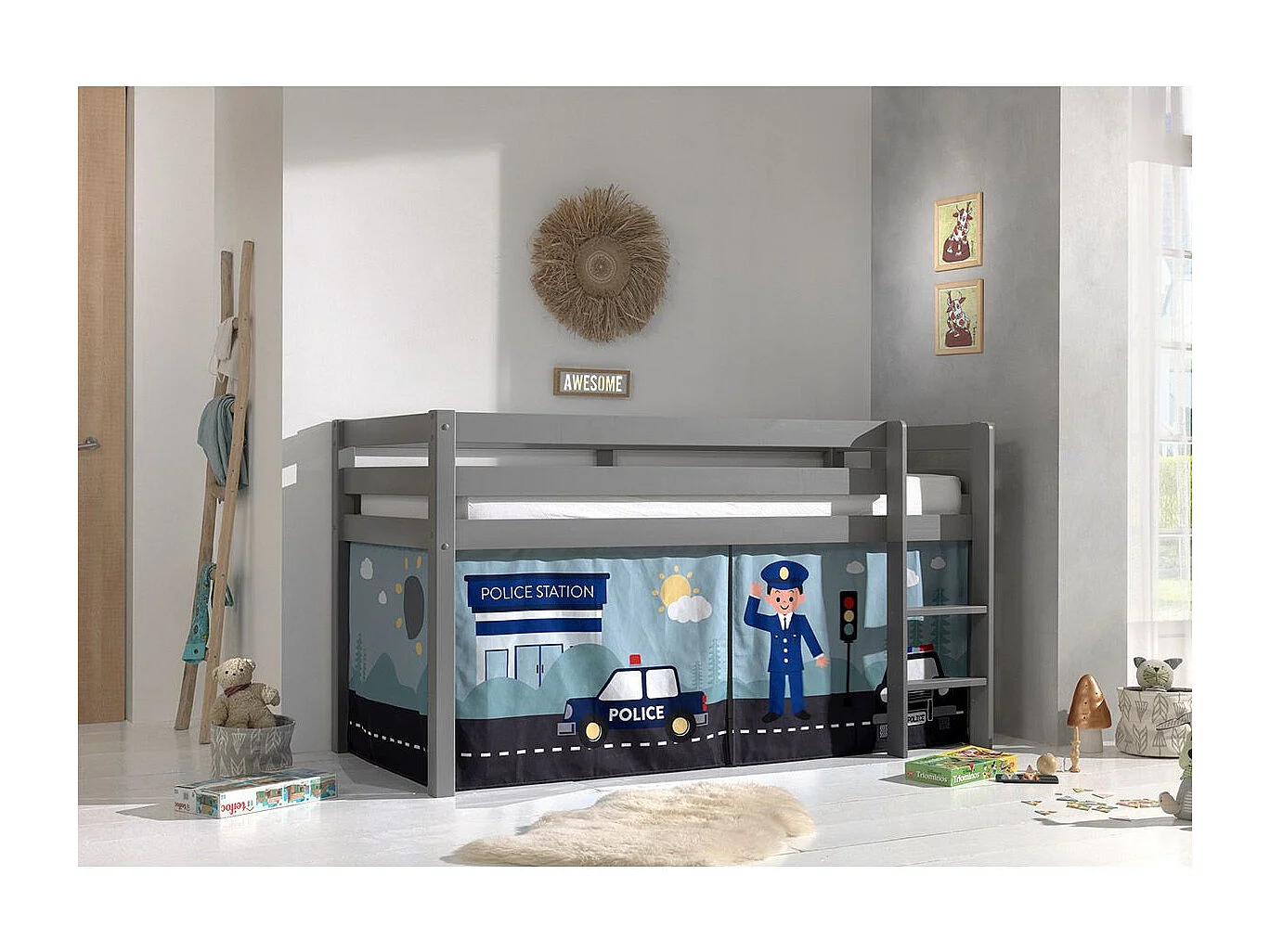 Lit Enfant Surélevé "Pino Police" 90x200cm Gris