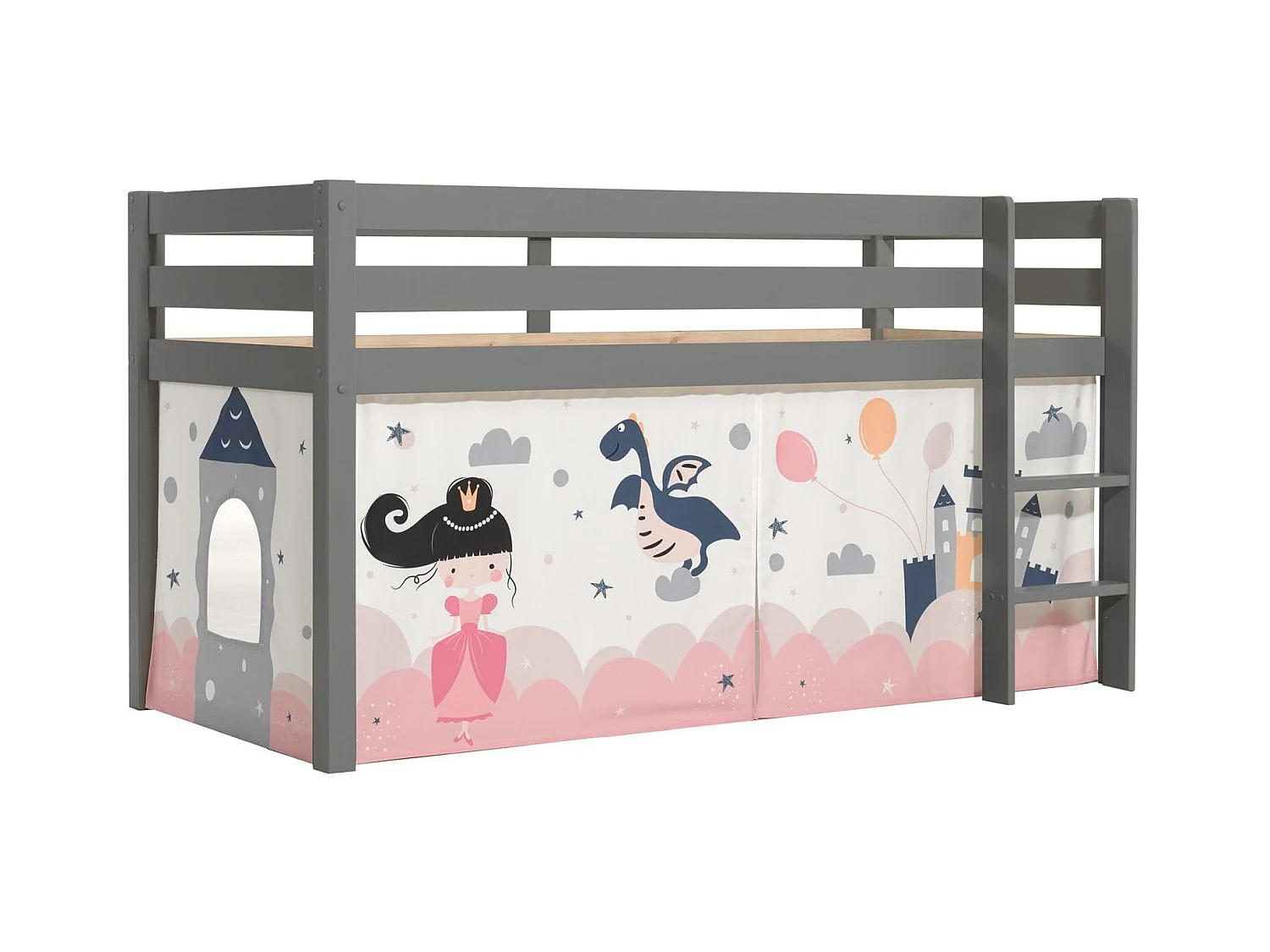 Cama altillo de 90x200 cm con tienda castillo de pino macizo gris Pino