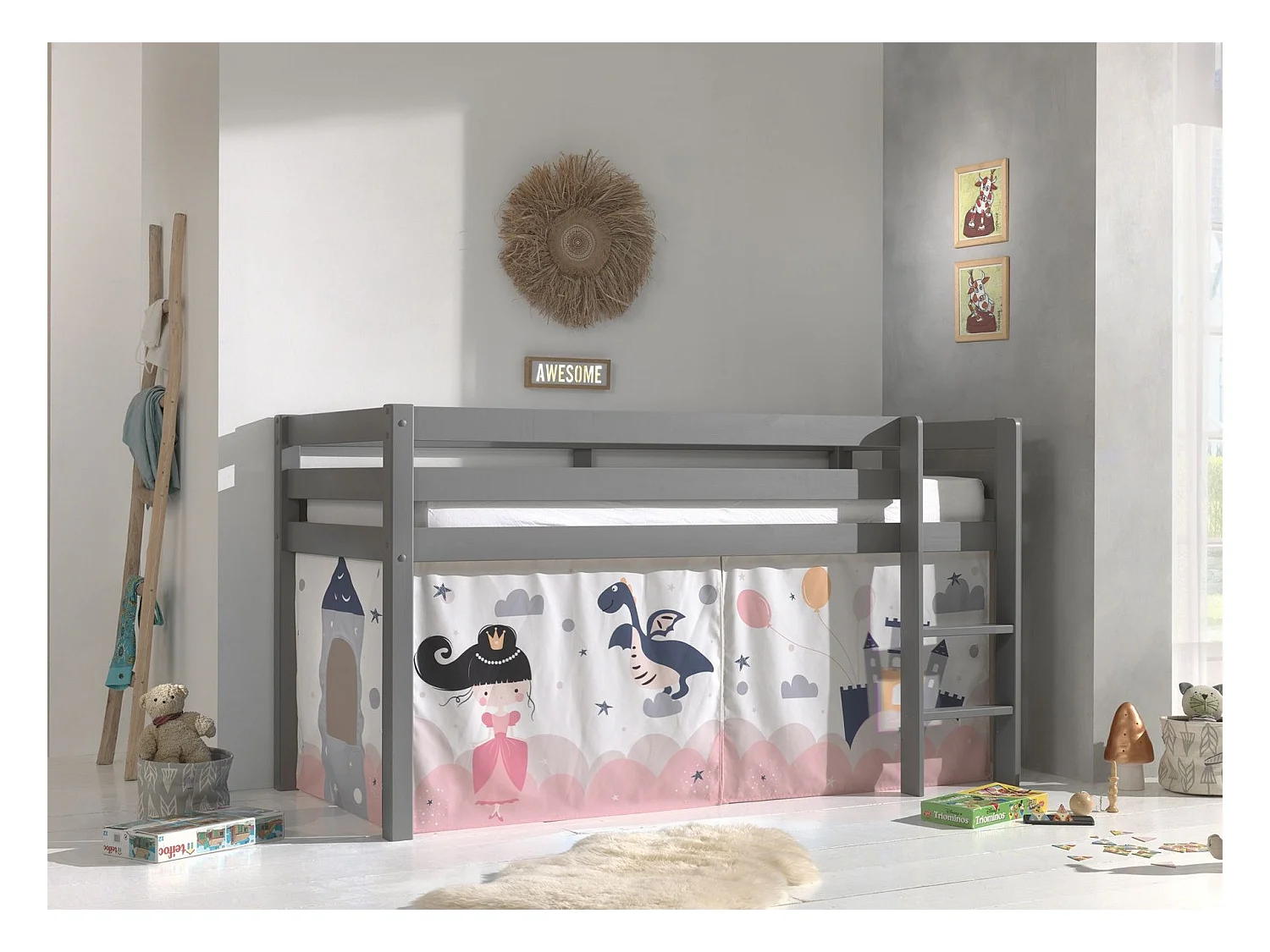 Cama altillo de 90x200 cm con tienda castillo de pino macizo gris Pino