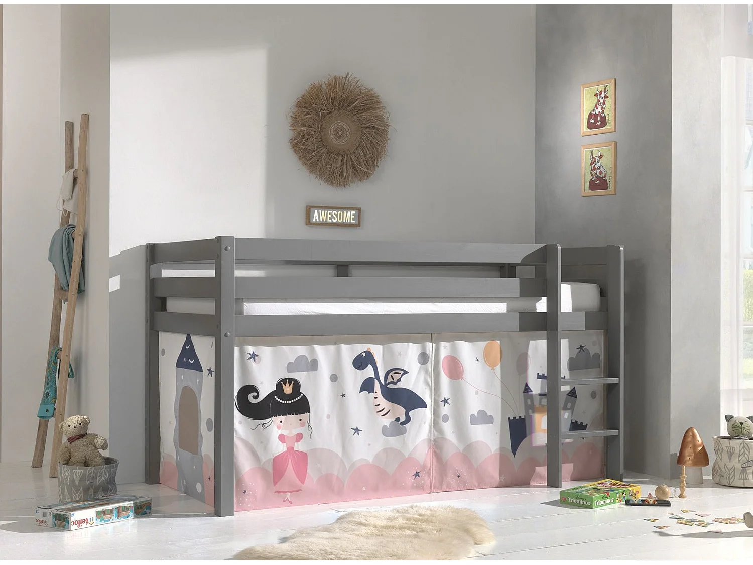 Lit Enfant Surélevé "Pino Princesse Sophie" 90x200cm Gris