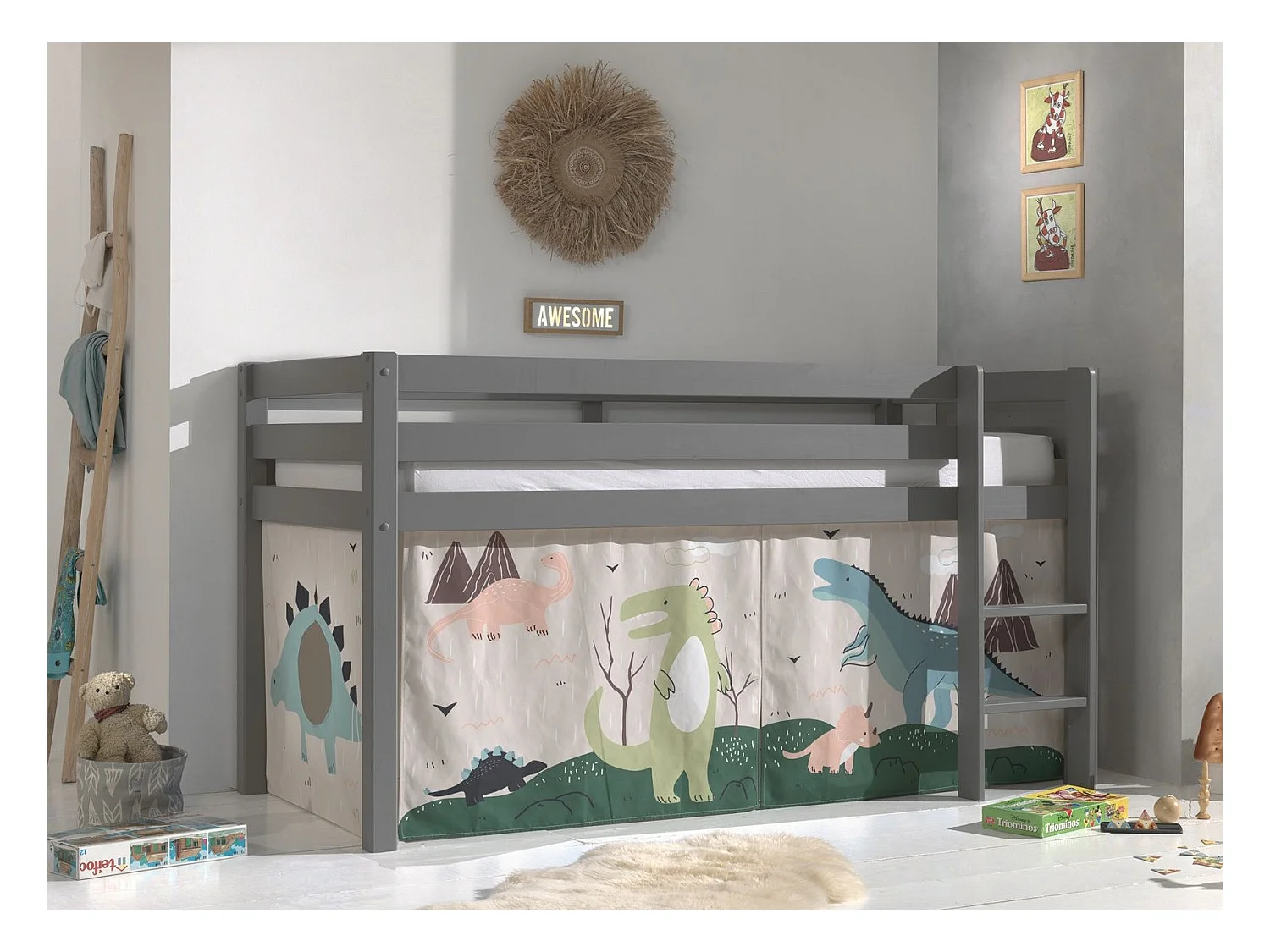 Cama alta 90x200 cm con tienda de dinosaurios pino macizo gris Pino