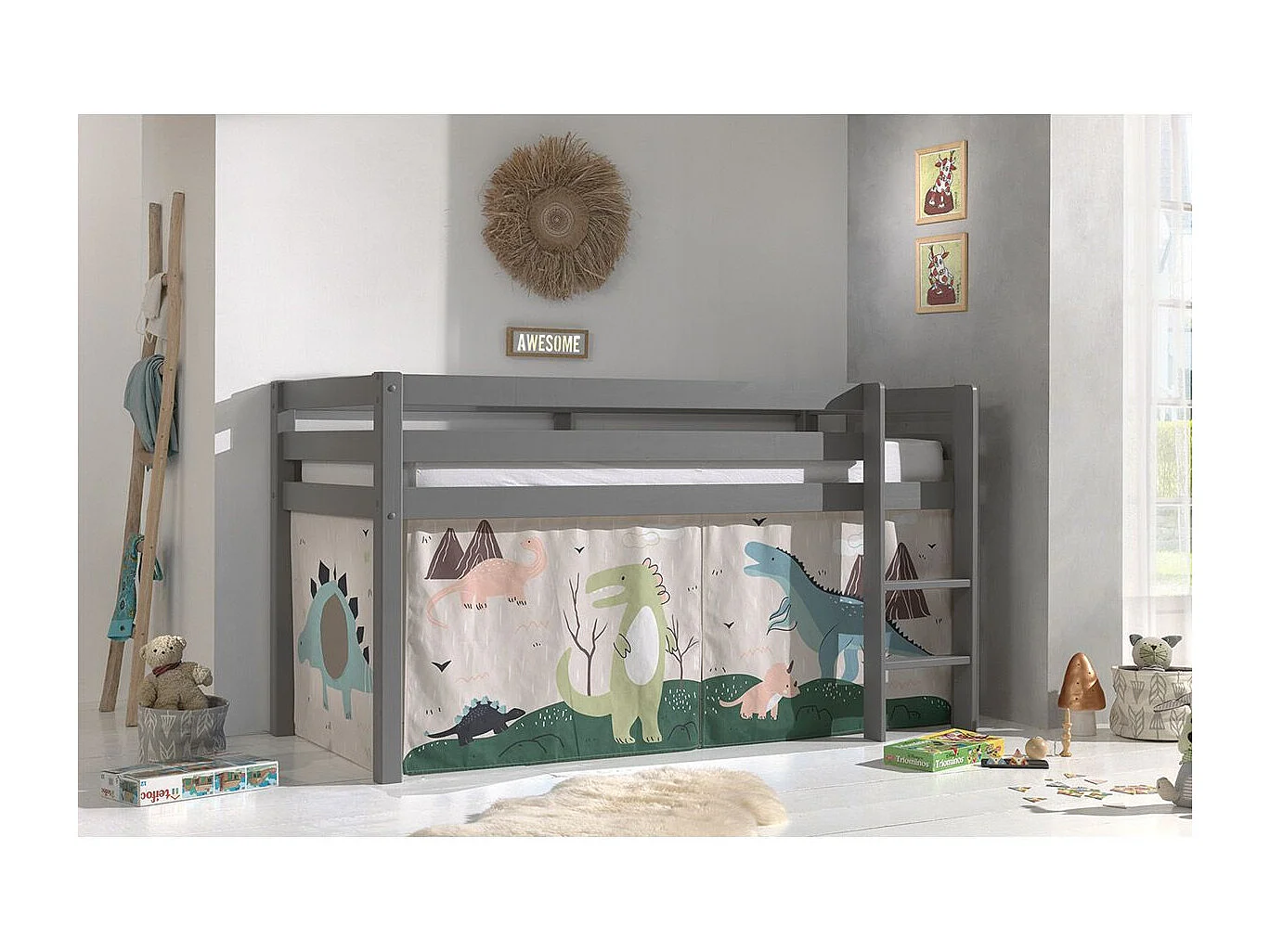 Lit Enfant Surélevé "Pino Dino" 90x200cm Gris