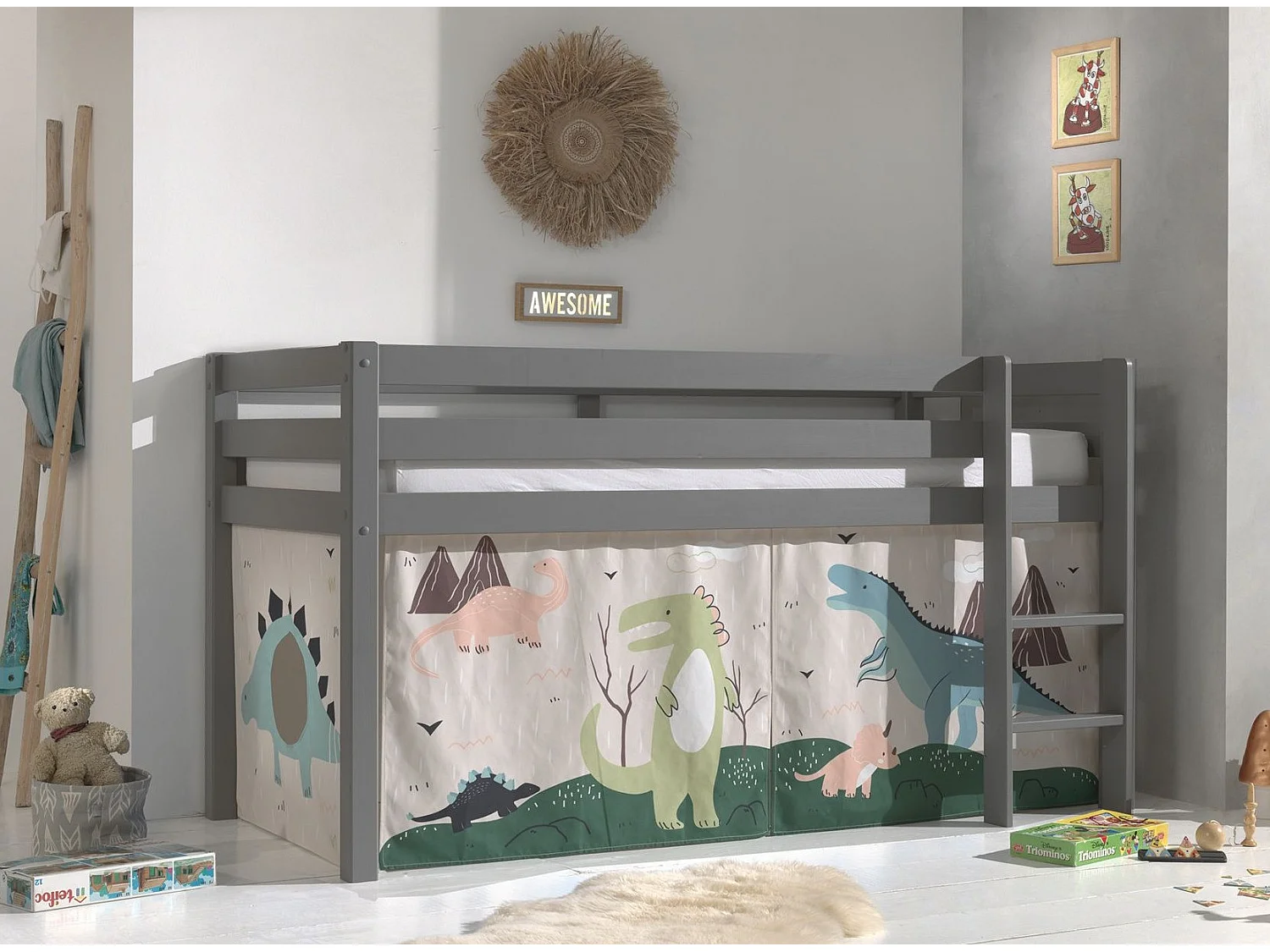 Lit Enfant Surélevé "Pino Dino" 90x200cm Gris