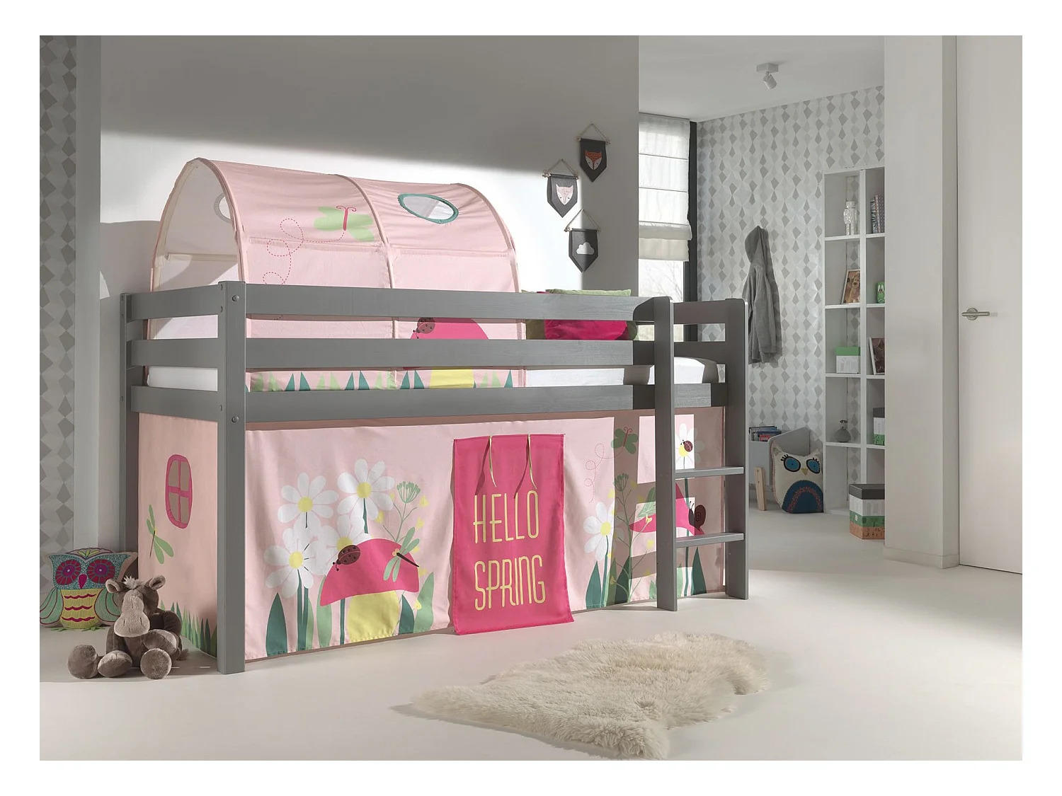 Cama altillo 90x200 cm con tienda y túnel de muelles pino macizo gris Pino