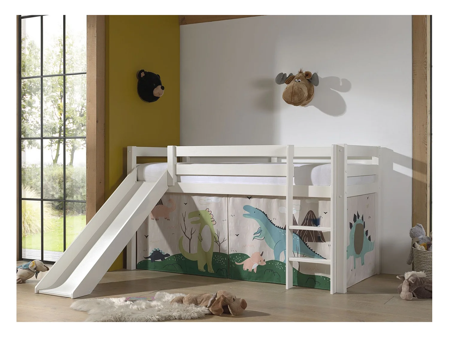 Lit Enfant Surélevé Avec Toboggan "Pino Dino" 90x200cm Blanc