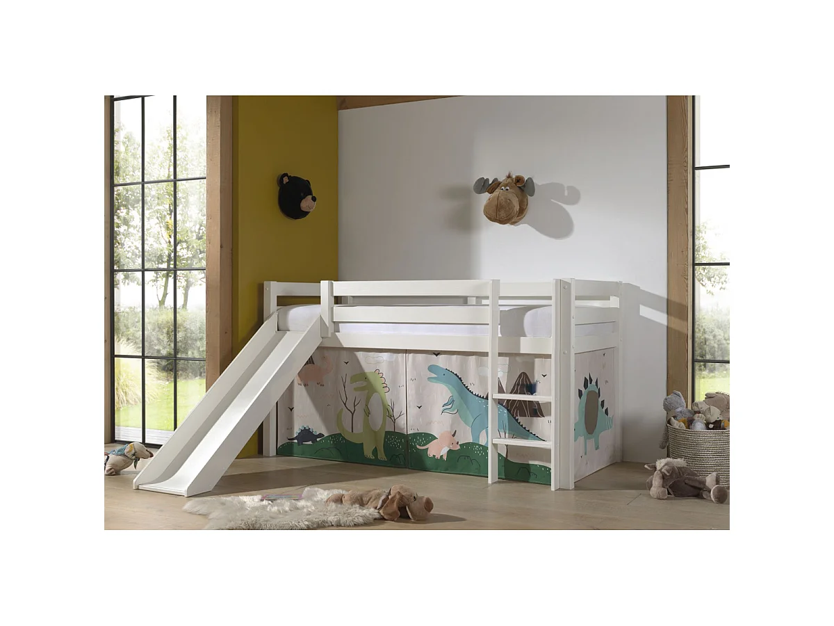 Glijbed 90x200 cm met witte massief grenen dinosaurustent Pino