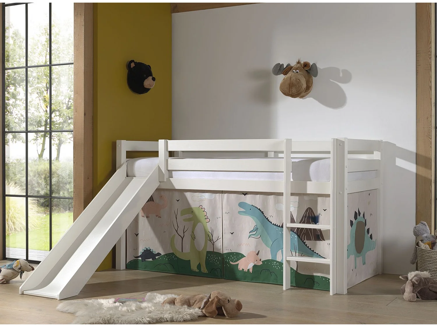 Glijbed 90x200 cm met witte massief grenen dinosaurustent Pino