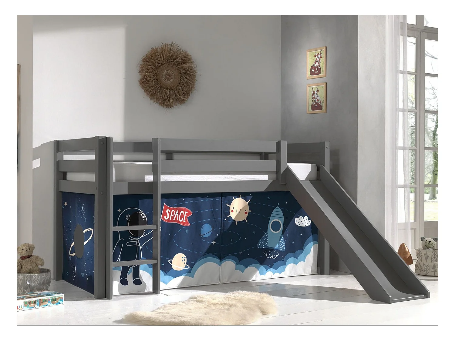 Lit Enfant Surélevé Avec Toboggan "Pino Space Shuttle" 90x200cm Gris