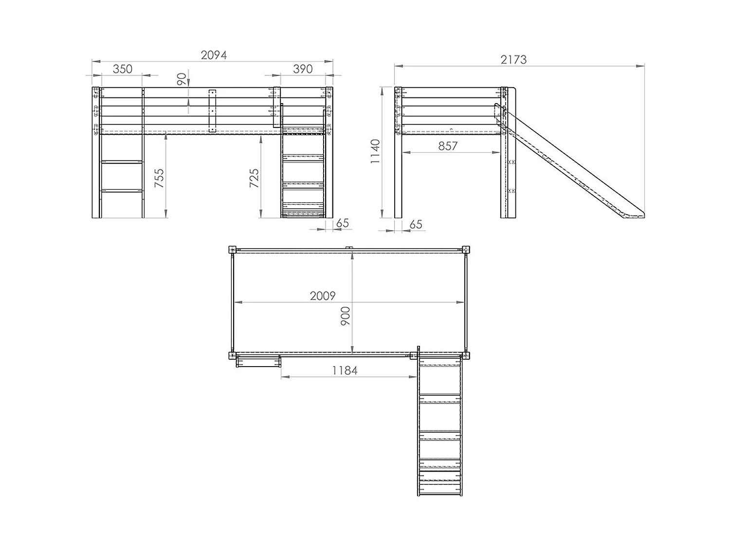Lit Enfant Surélevé Avec Toboggan "Pino Space Shuttle" 90x200cm Gris