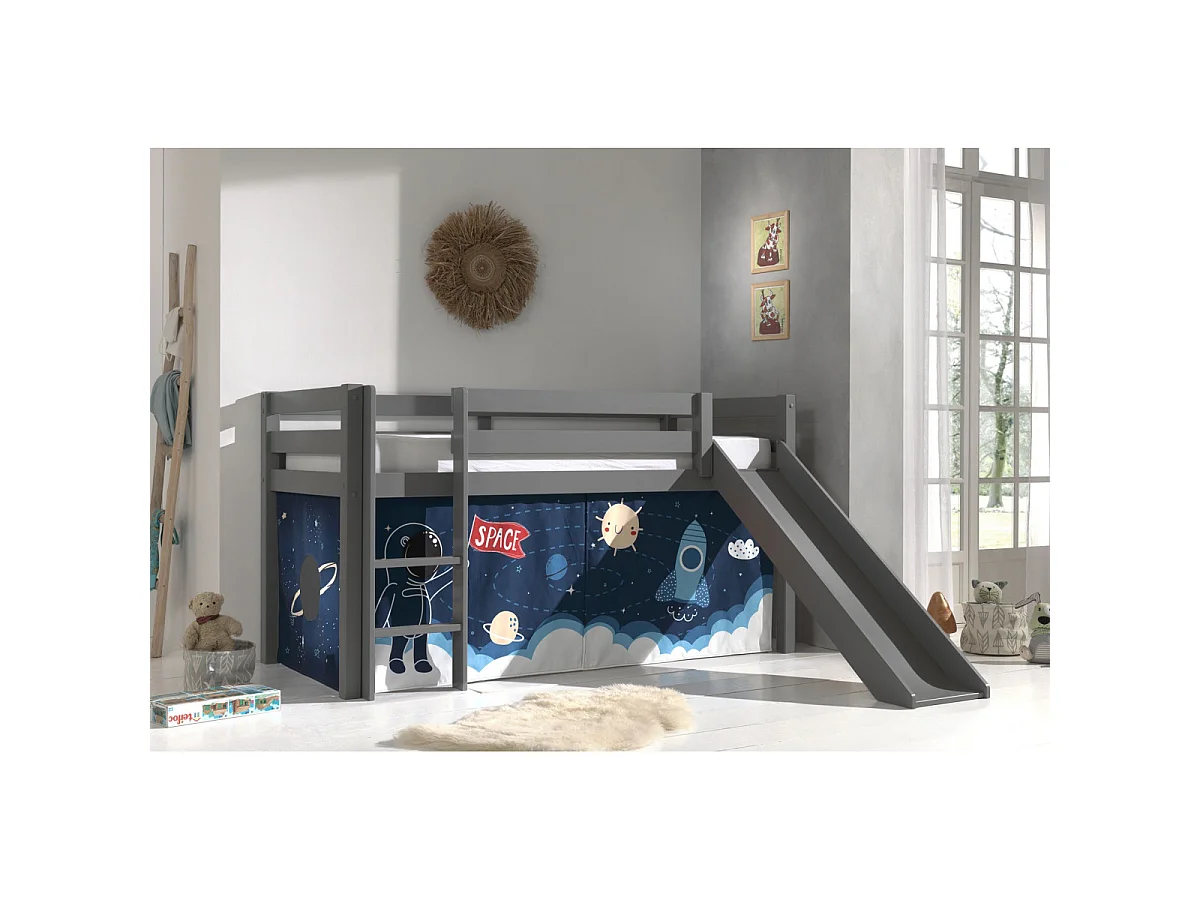 Glijbed 90x200 cm met massief grenen grijze astronautentent Pino