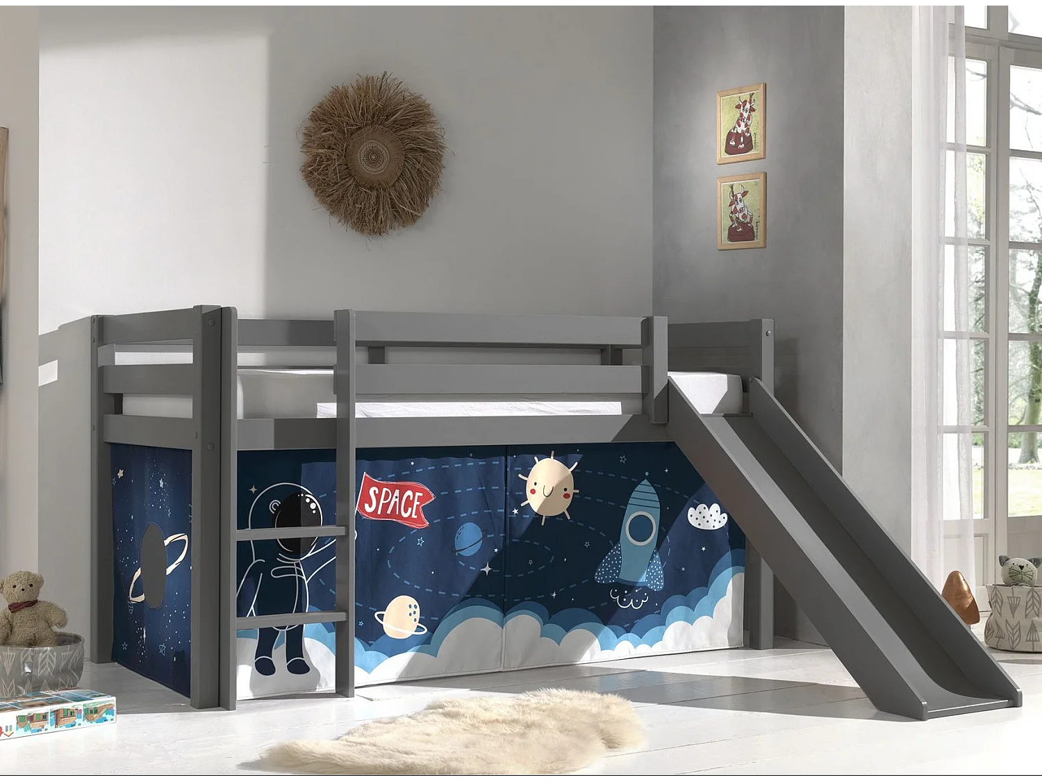 Glijbed 90x200 cm met massief grenen grijze astronautentent Pino