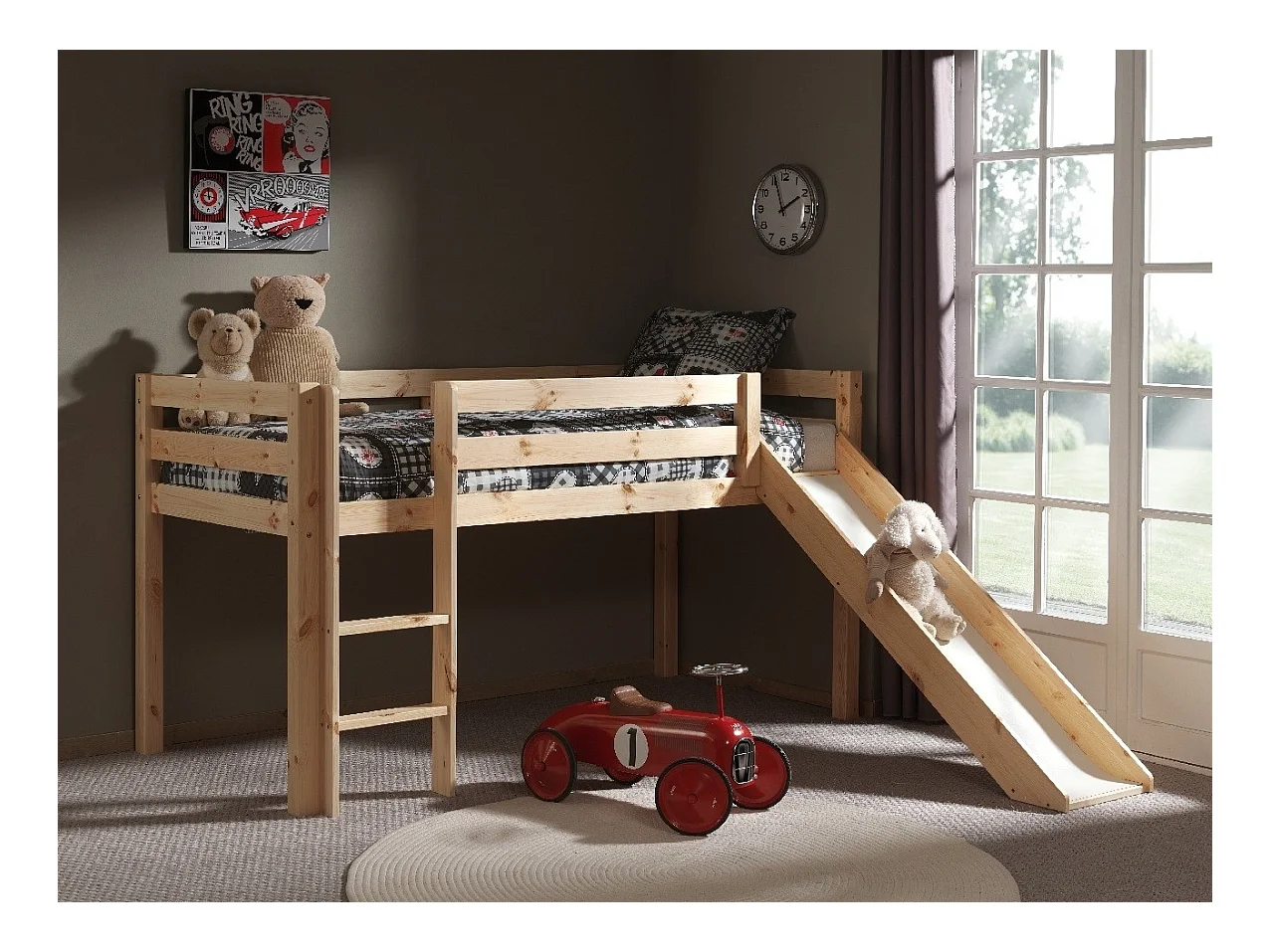 Lit Enfant Avec Toboggan "Pino" 90x200cm Naturel