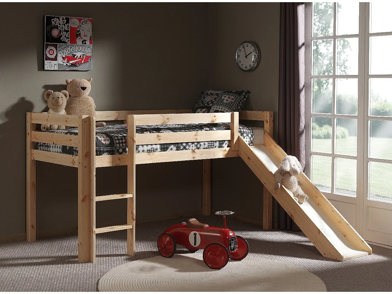 Cama Mi-High 90x200 com escorrega e estrado de molas Vipack Pino - Madeira