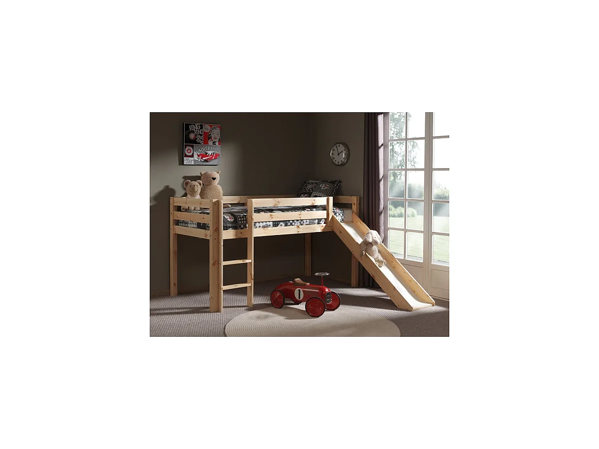 Lit Enfant Avec Toboggan "Pino" 90x200cm Naturel