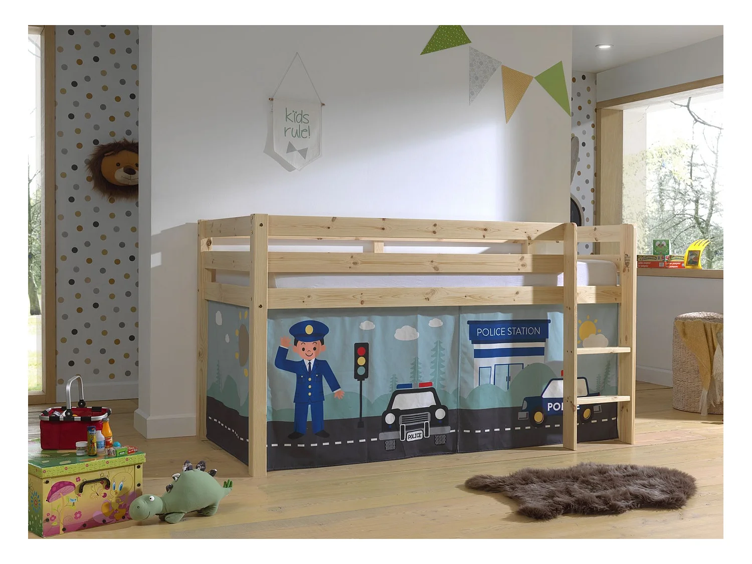 Police Vipack Pino Wood 90x200 Letto a mezza altezza con rete e rivestimento