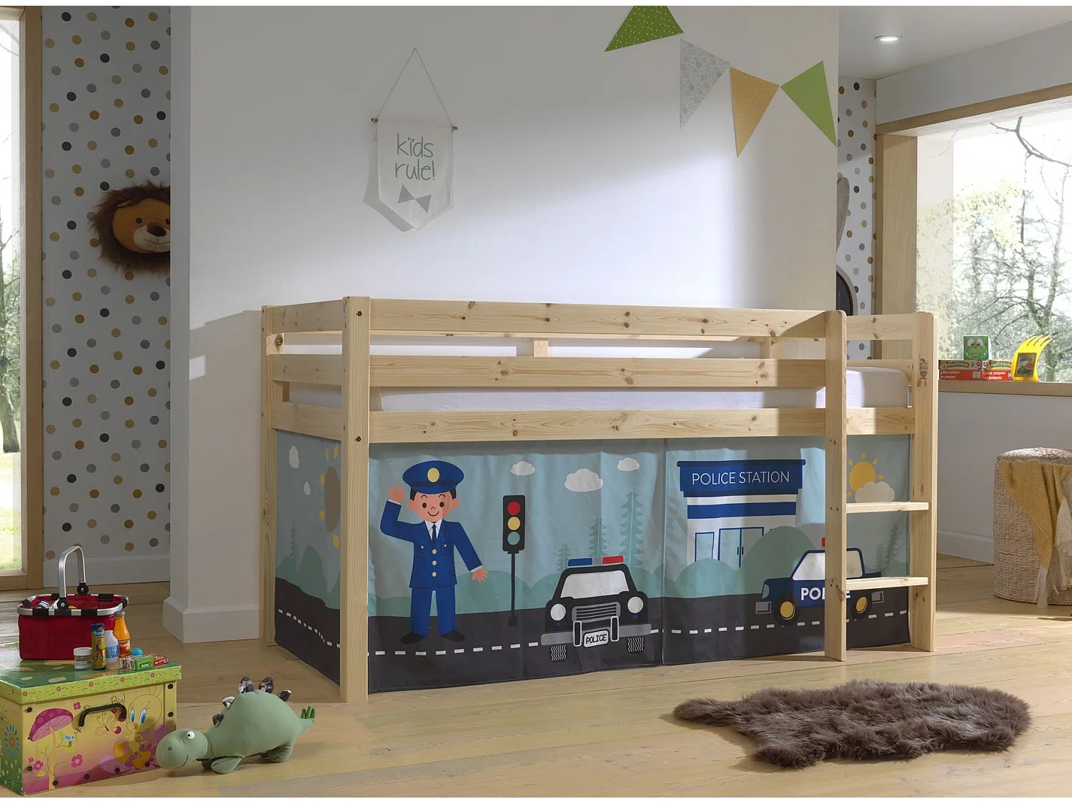 Lit Enfant Surélevé "Pino Police" 90x200cm Naturel