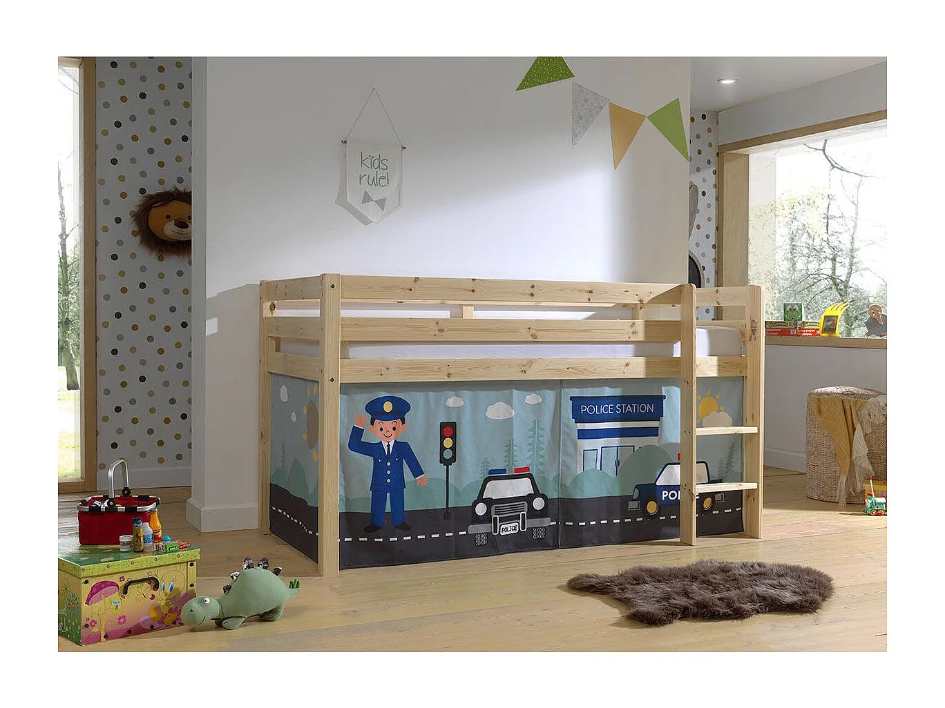 Lit Enfant Surélevé "Pino Police" 90x200cm Naturel