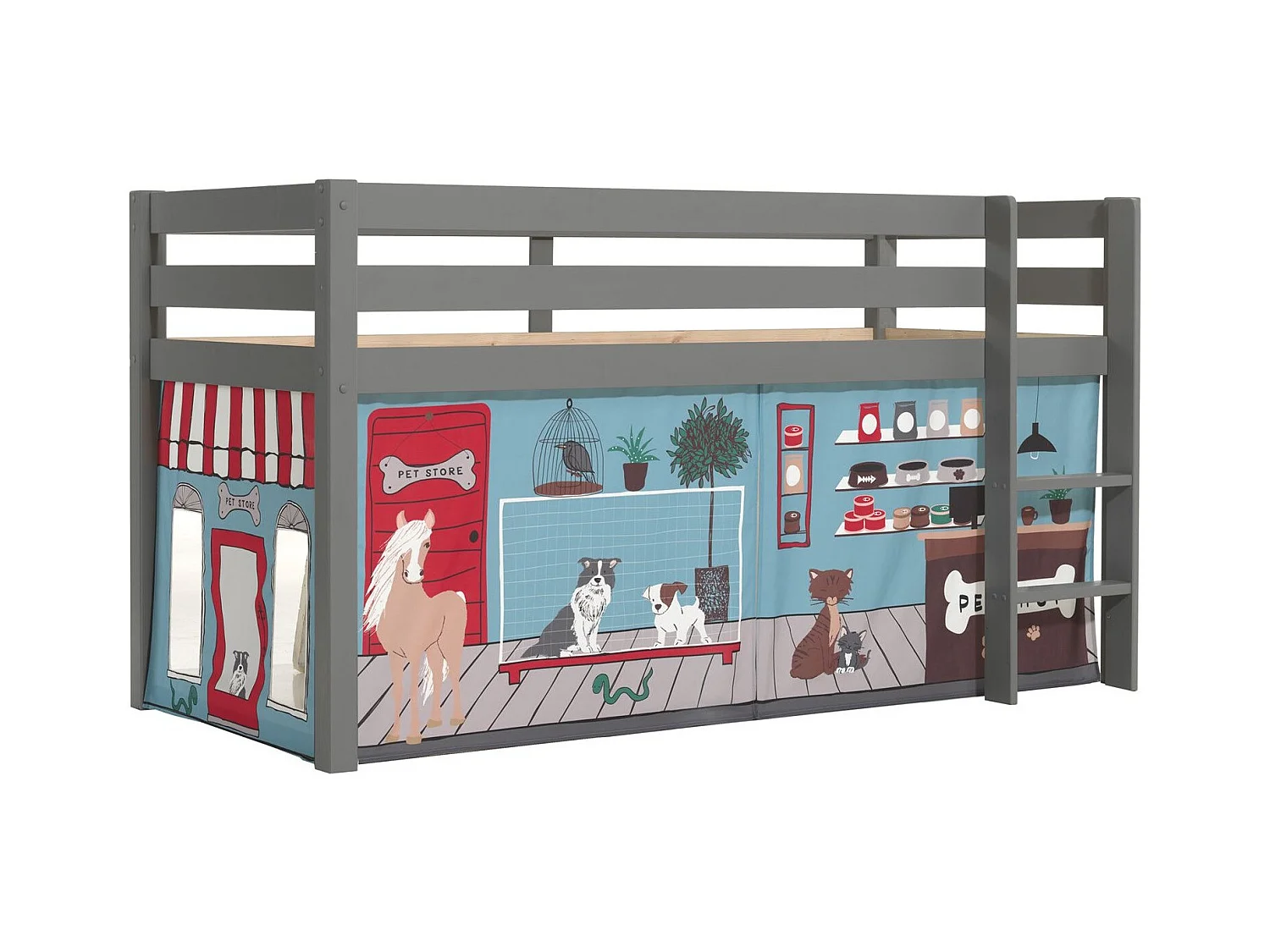 Cama altillo 90x200 cm con tienda para animales de pino macizo gris Pino