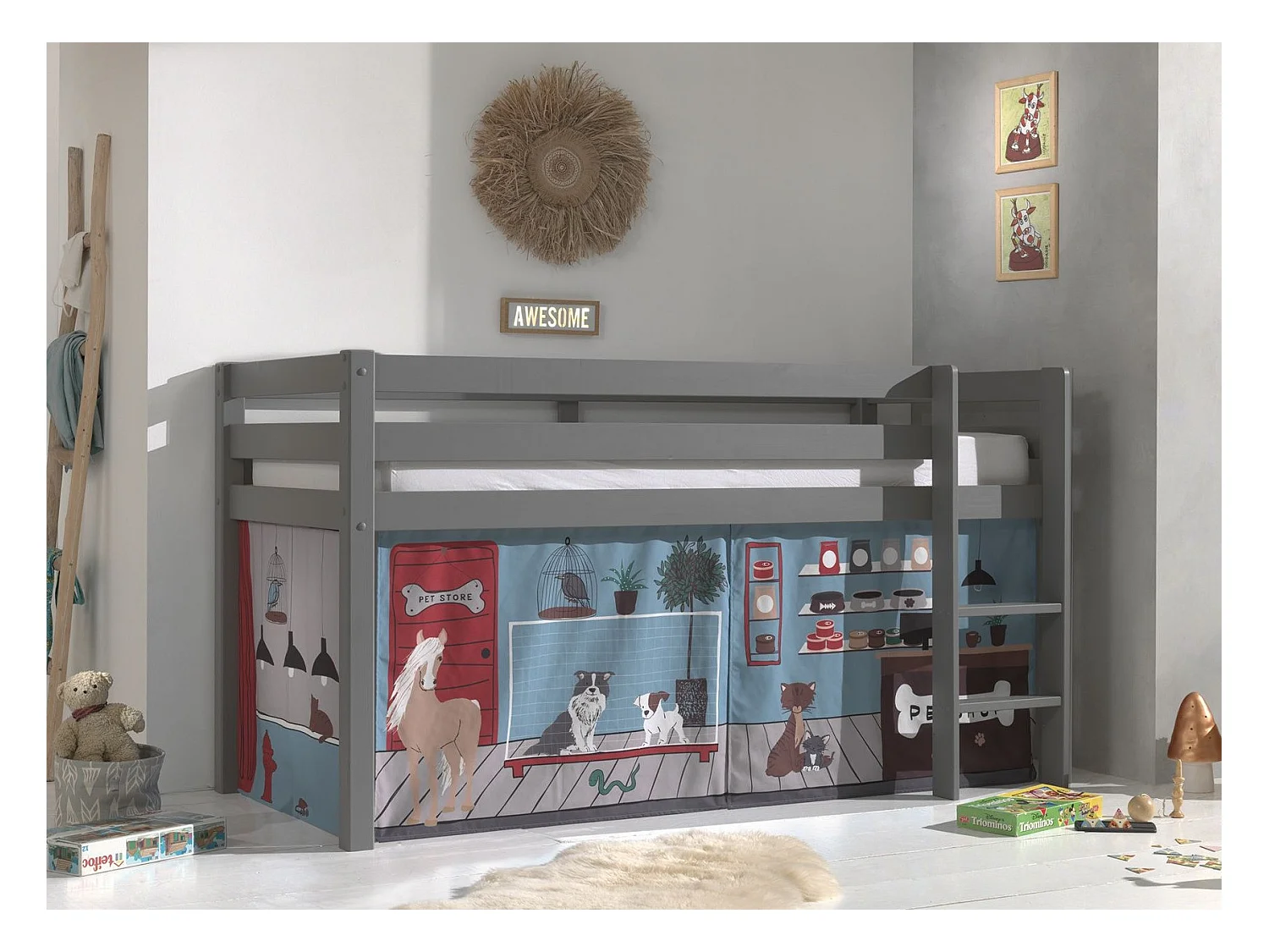 Cama altillo 90x200 cm con tienda para animales de pino macizo gris Pino