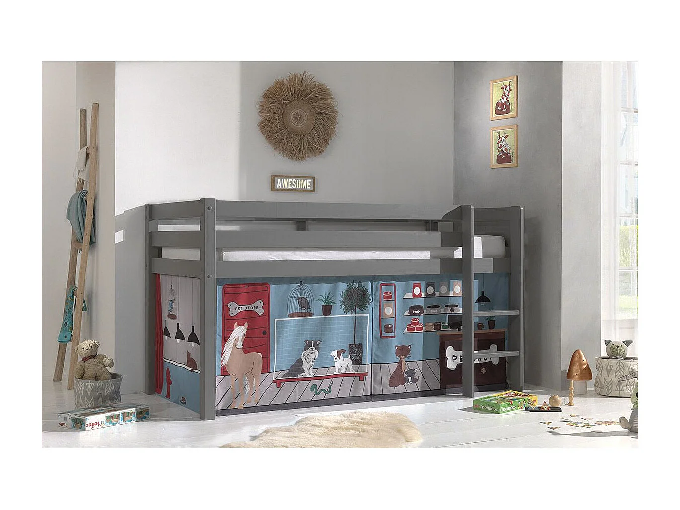 Mezzaninebed 90x200 cm met grijs massief grenen dierentent Pino