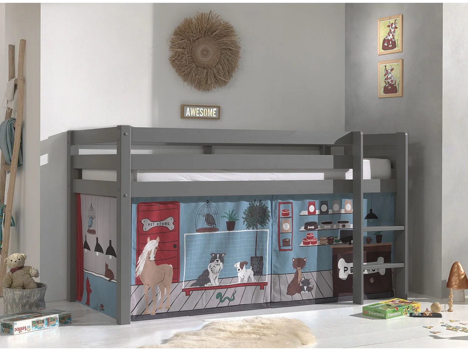 Mezzaninebed 90x200 cm met grijs massief grenen dierentent Pino