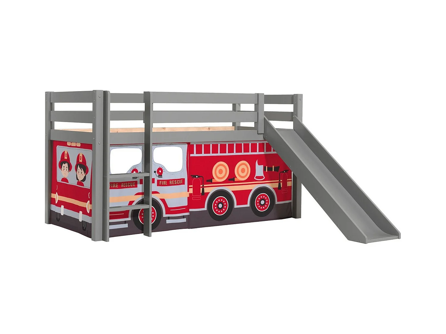 Lit Enfant Surélevé Avec Toboggan "Pino Fire Truck" 90x200cm Gris