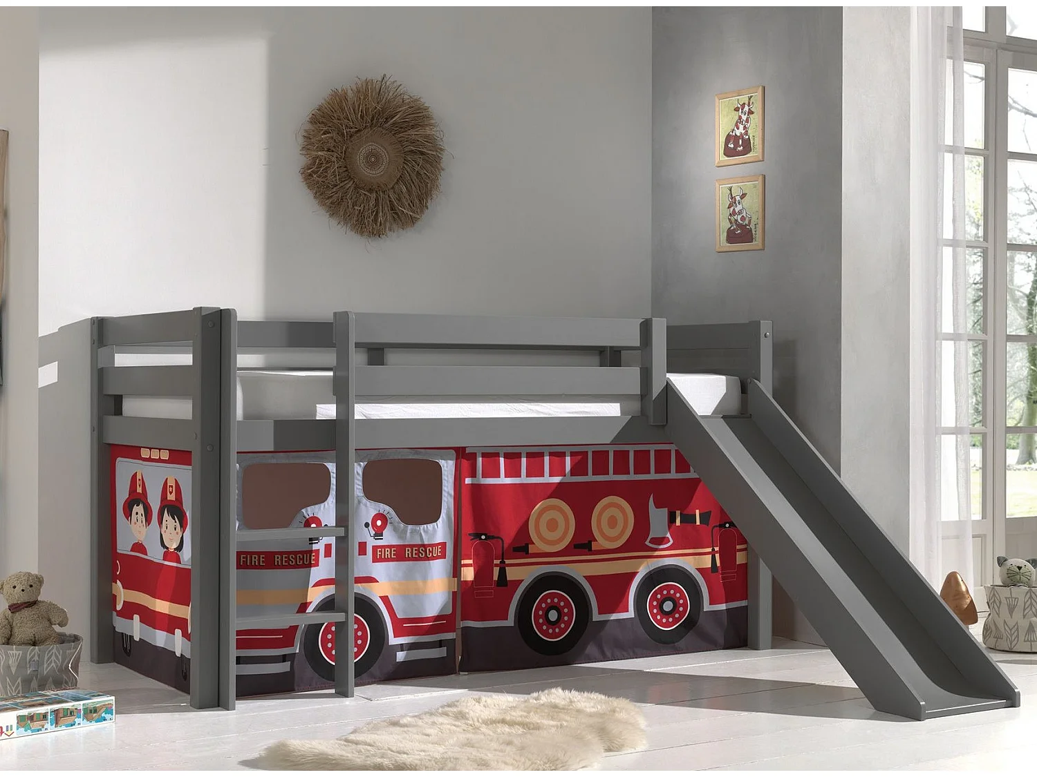 Lit Enfant Surélevé Avec Toboggan "Pino Fire Truck" 90x200cm Gris