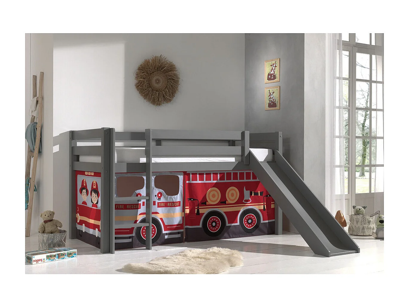 Lit Enfant Surélevé Avec Toboggan "Pino Fire Truck" 90x200cm Gris