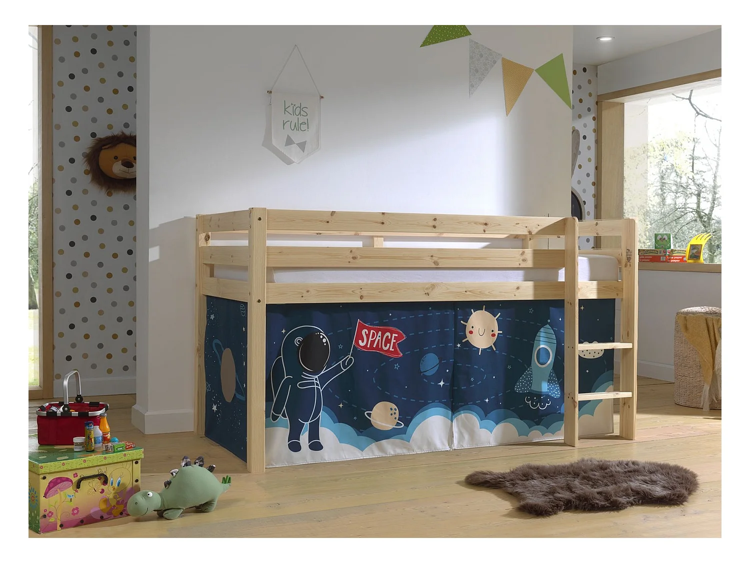 Cama altillo 90x200 cm con tienda astronauta de pino macizo claro Pino