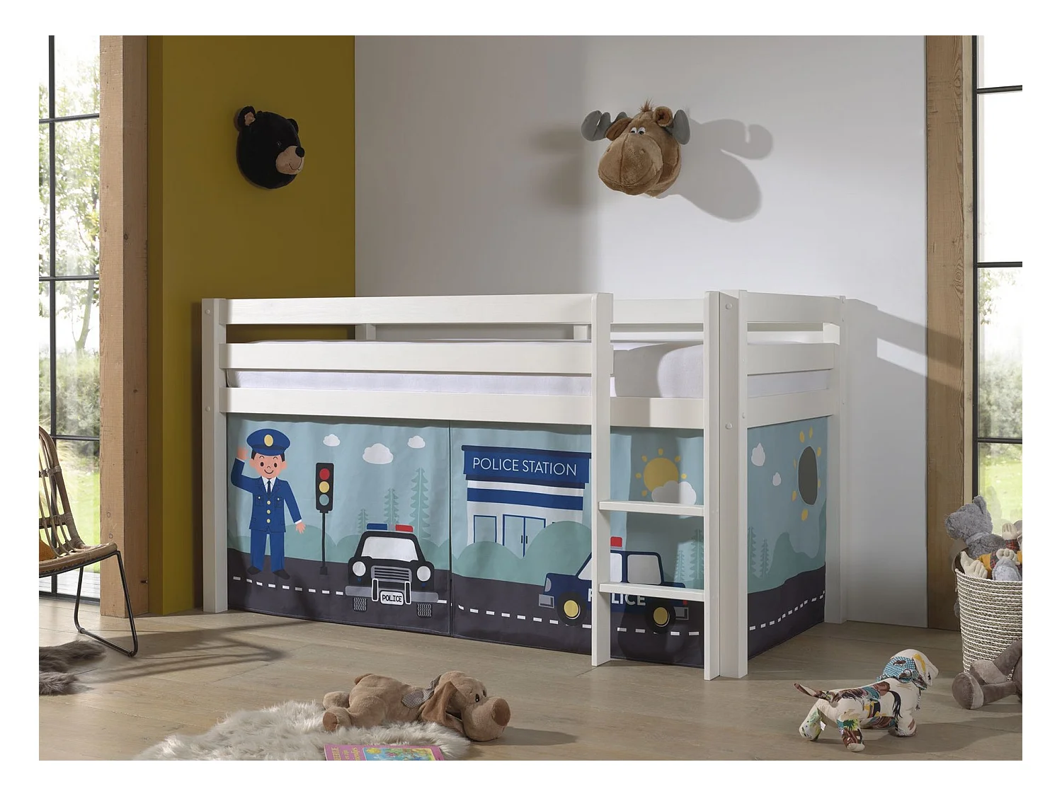 90x200 Letto Mi-Height con rete e rivestimento Police Vipack Pino Bianco