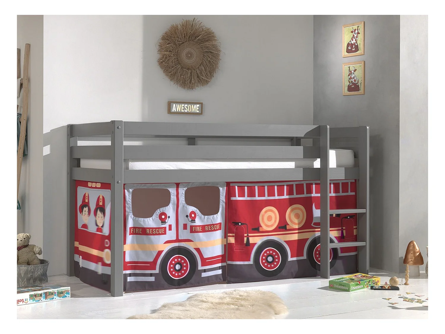 Lit Enfant Surélevé "Pino Fire Truck" 90x200cm Gris