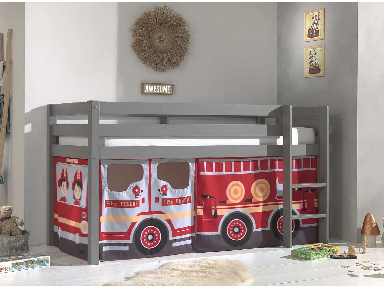 Lit Enfant Surélevé "Pino Fire Truck" 90x200cm Gris