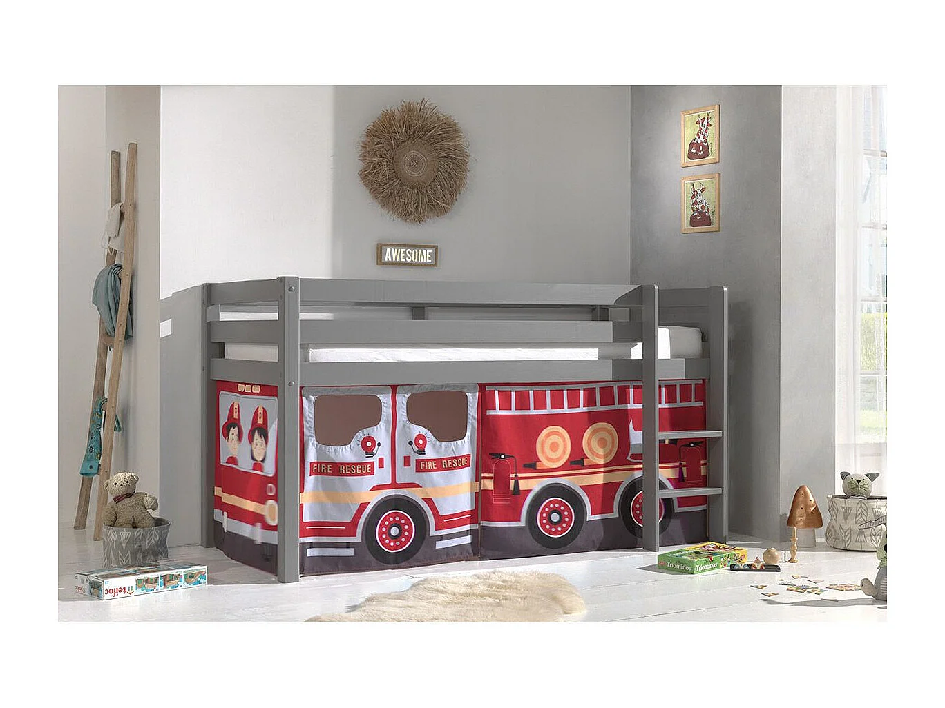Lit Enfant Surélevé "Pino Fire Truck" 90x200cm Gris