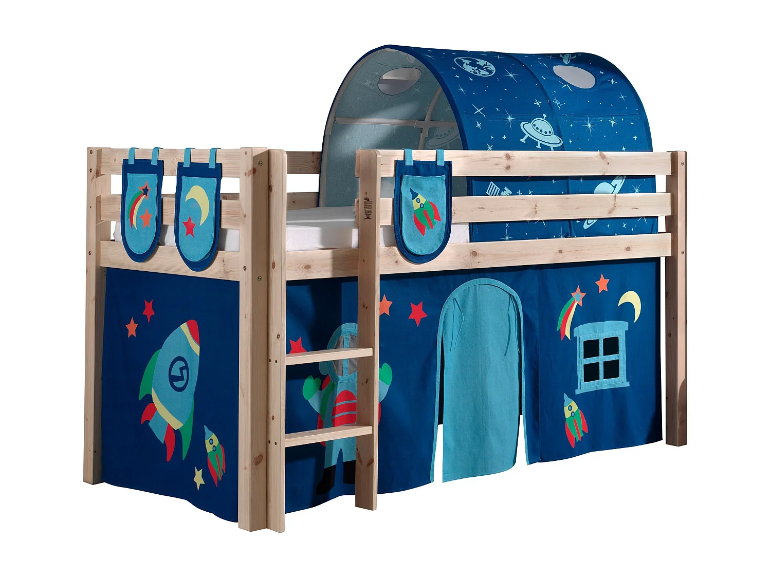 Mezzaninebed 90x200 cm met tunneltent en 3 licht massief grenen astra-pockets Pino