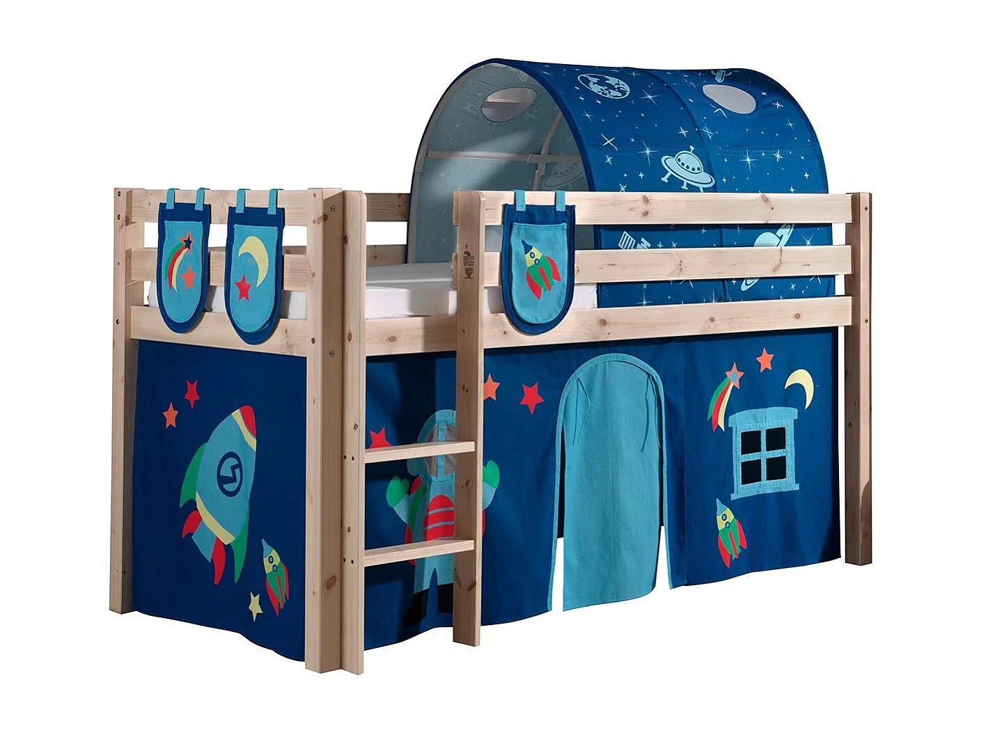 Pack - Lit Enfant Surélevé, Tente, 3 Pochettes & Tunnel "Pino Astronaute II" Naturel