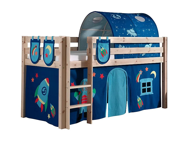 Mezzaninebed 90x200 cm met tunneltent en 3 licht massief grenen astra-pockets Pino