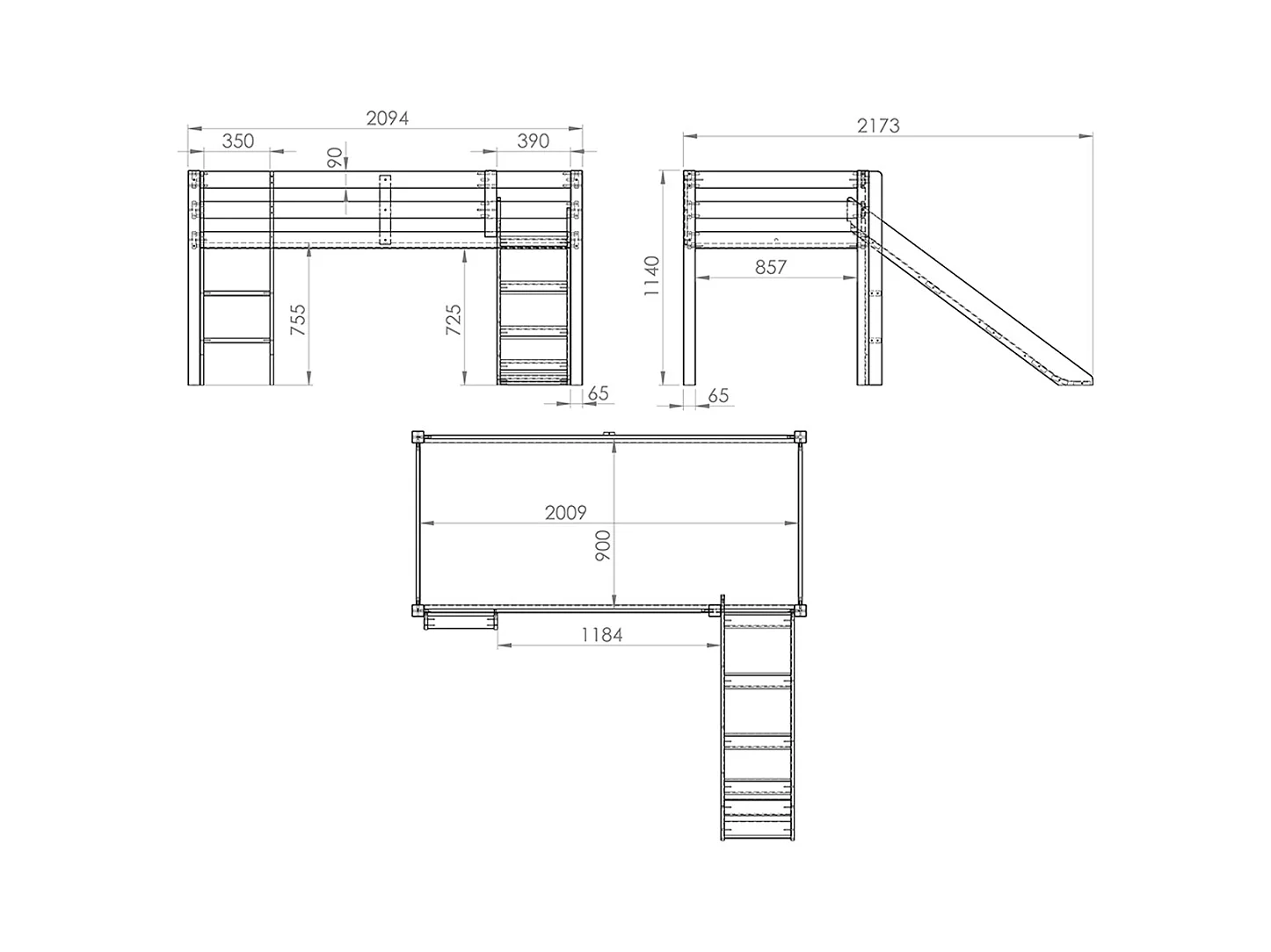 90x200 Letto Mi-Height con cursore e rivestimento Fairy Vipack Pino Bianco