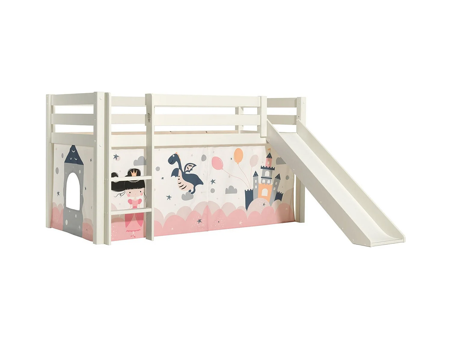 Lit Enfant Surélevé Avec Toboggan "Pino Princesse Sophie" 90x200cm Blanc
