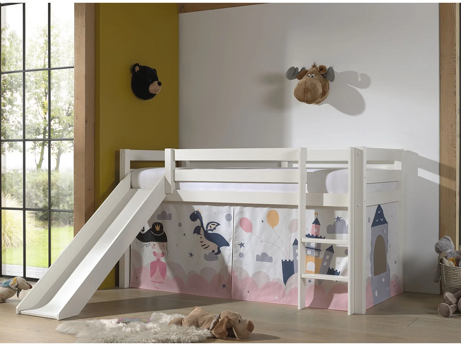 Lit Enfant Surélevé Avec Toboggan "Pino Princesse Sophie" 90x200cm Blanc