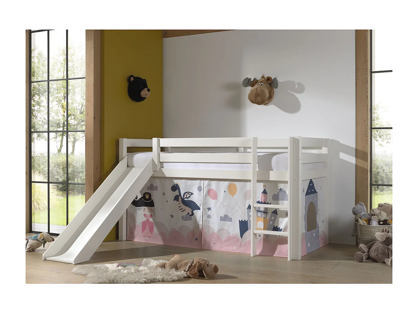 Lit Enfant Surélevé Avec Toboggan "Pino Princesse Sophie" 90x200cm Blanc