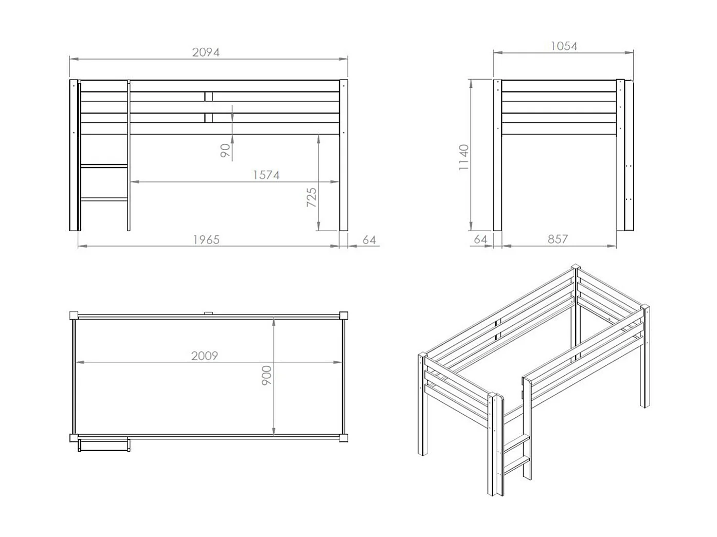 Letto 90x200 Mi-Height incluso Box Spring Vipack Pino - Bianco