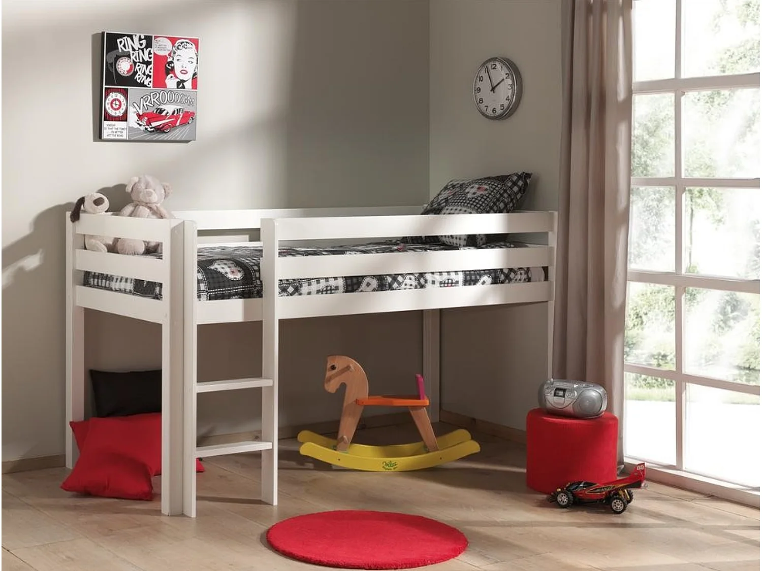 Cama alta 90x200 cm pino macizo lacado blanco Pino 2