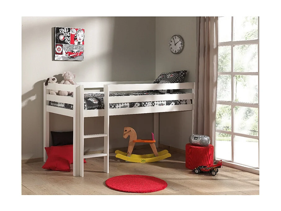 Cama alta 90x200 cm pino macizo lacado blanco Pino 2