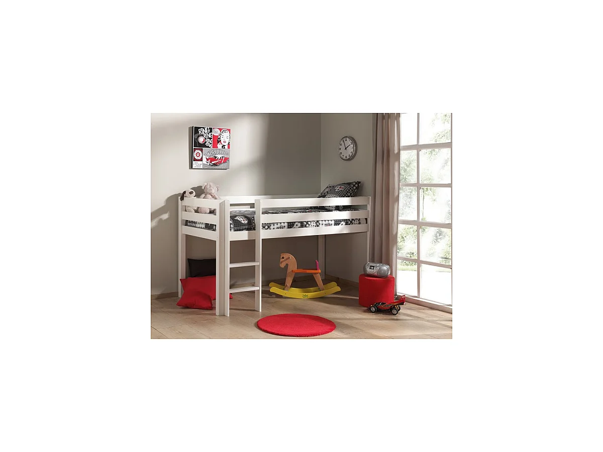 Cama alta 90x200 cm pino macizo lacado blanco Pino 2