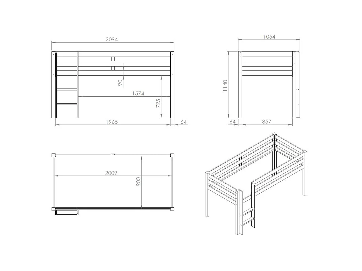 Cama alta 90x200 cm pino macizo lacado blanco Pino 2